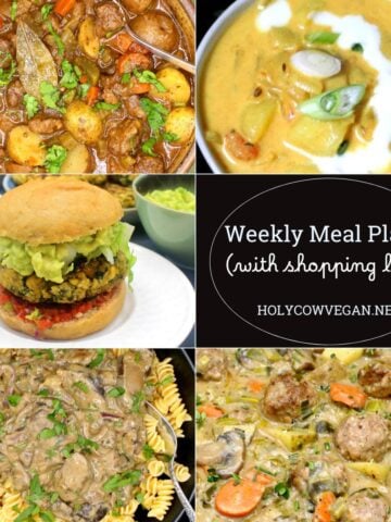 Images of vegan dishes with text that says "weekly meal plan 2 (with shopping list) holycowvegan.net."