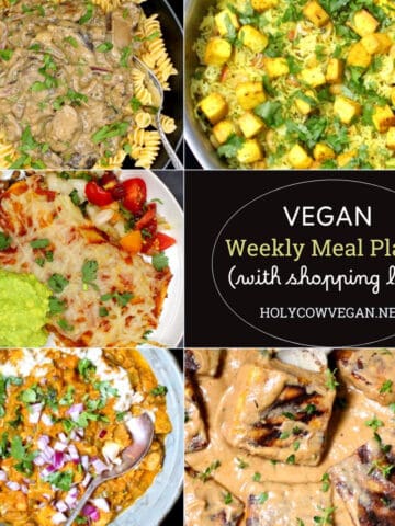 Vegan meal plan menu with photos of five vegan dinners and text that says "vegan meal plan 4, with shopping list."