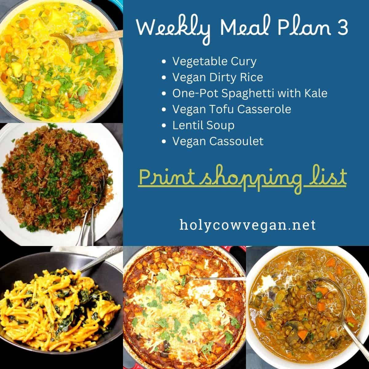 Weekly meal plan 3 with images of five dinners and a list, and link to printable shopping list.