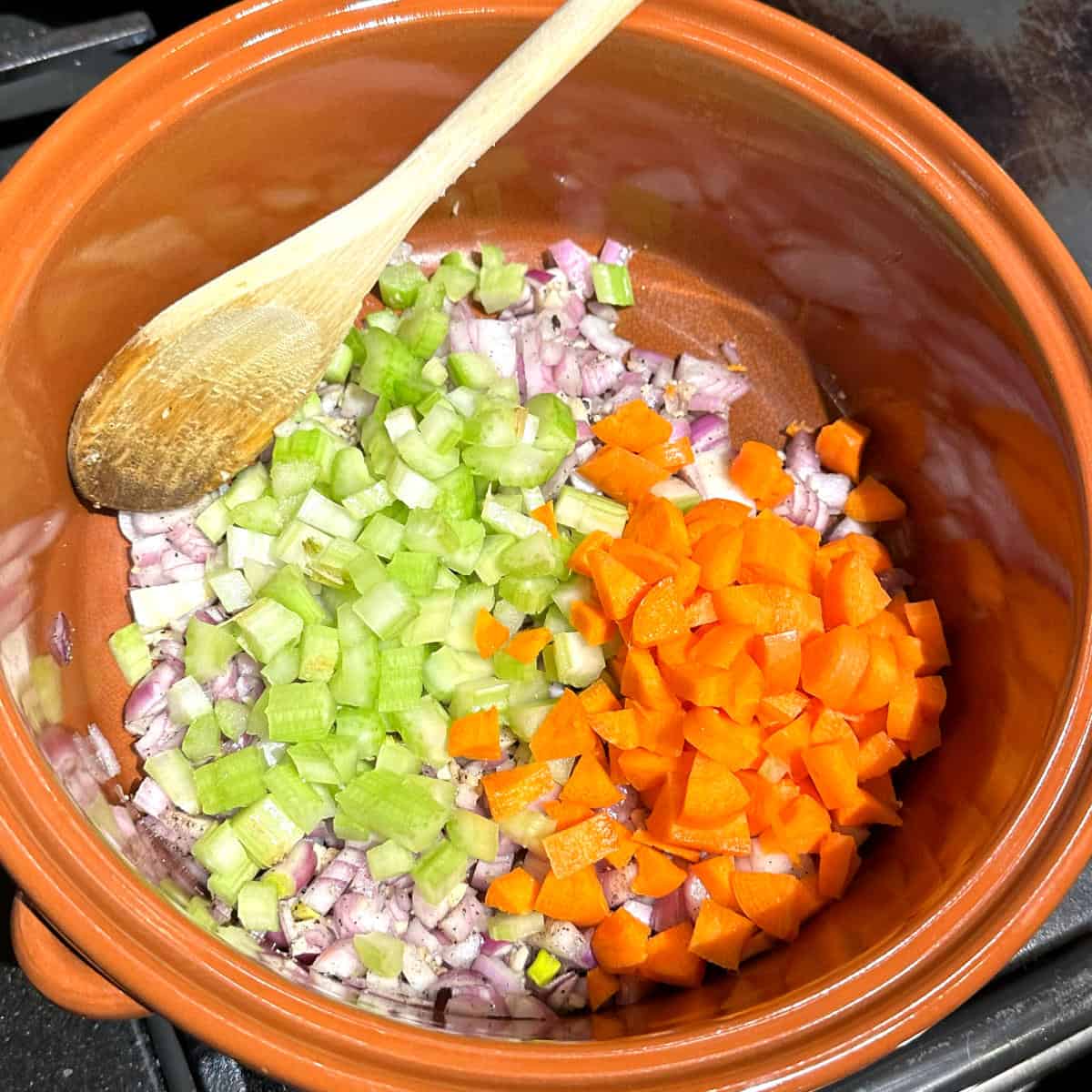 Celery and carrots added to garlic and onions in pot.