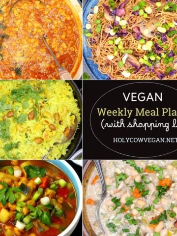 Images of five vegan dinners with text that says "vegan weekly meal plan 5, with shopping list, holycowvegan.net".