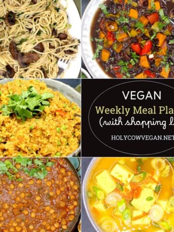 Images of vegan dinners with text that says "vegan weekly meal plan 6 with shopping list."