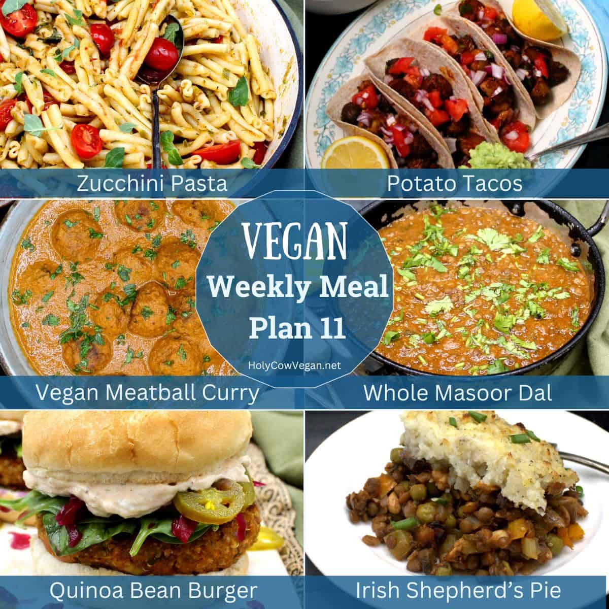Six vegan dinners with text that says "vegan weekly plan 11".