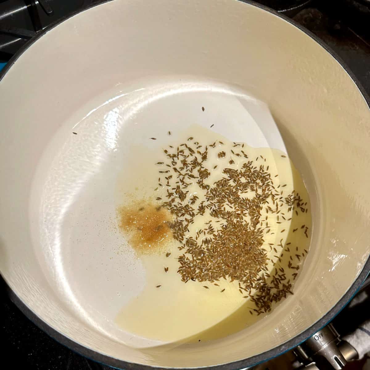 Cumin seeds and asafetida in oil.