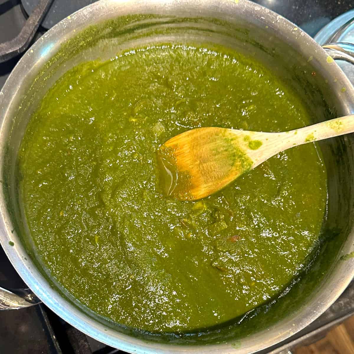 Swiss chard puree cooked in pan.