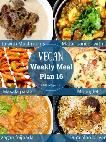 Images of six vegan dinners with text that says "Weekly vegan meal plan 16."