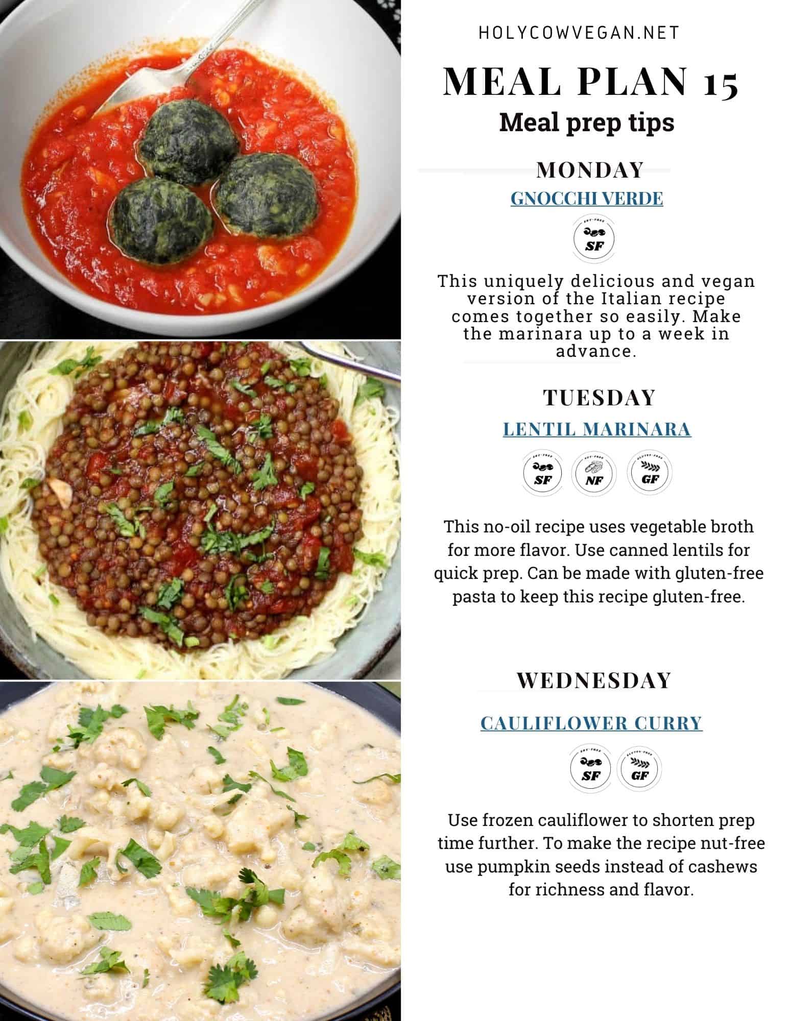 Weekly vegan meal plan 15 shopping list and meal prep instructions with images of vegan dinners, instructions and shopping list.