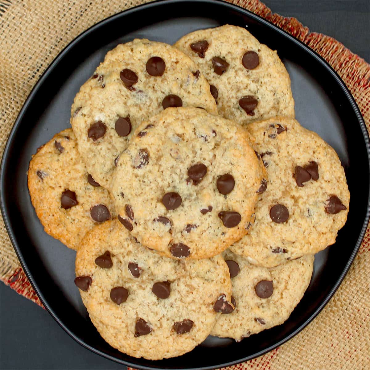 Vegan chocolate chip cookies on plate.