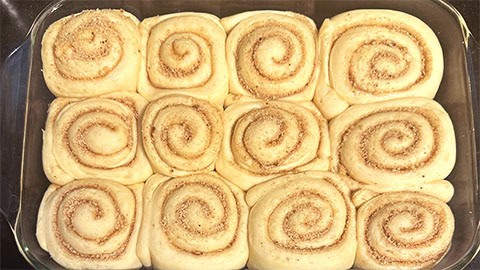 Cinnamon rolls after proofing.
