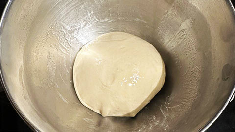 Ball of dough in oiled bowl.
