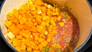 Butternut squash and tomato puree added to pot.