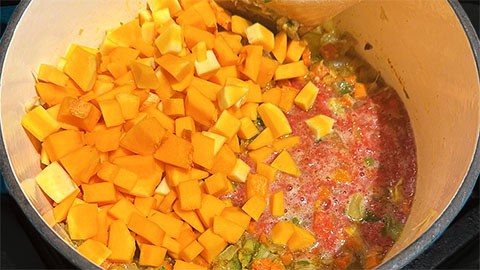 Butternut squash and tomato puree added to pot.