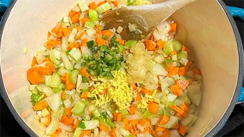 Ginger, garlic and jalapeno added to pan.