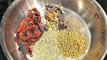 Untoasted pav bhaji masala spices on skillet.