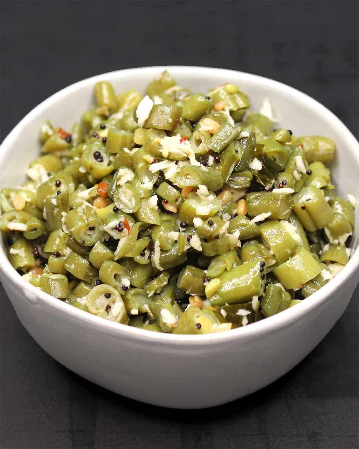 Green beans sabzi in bowl.