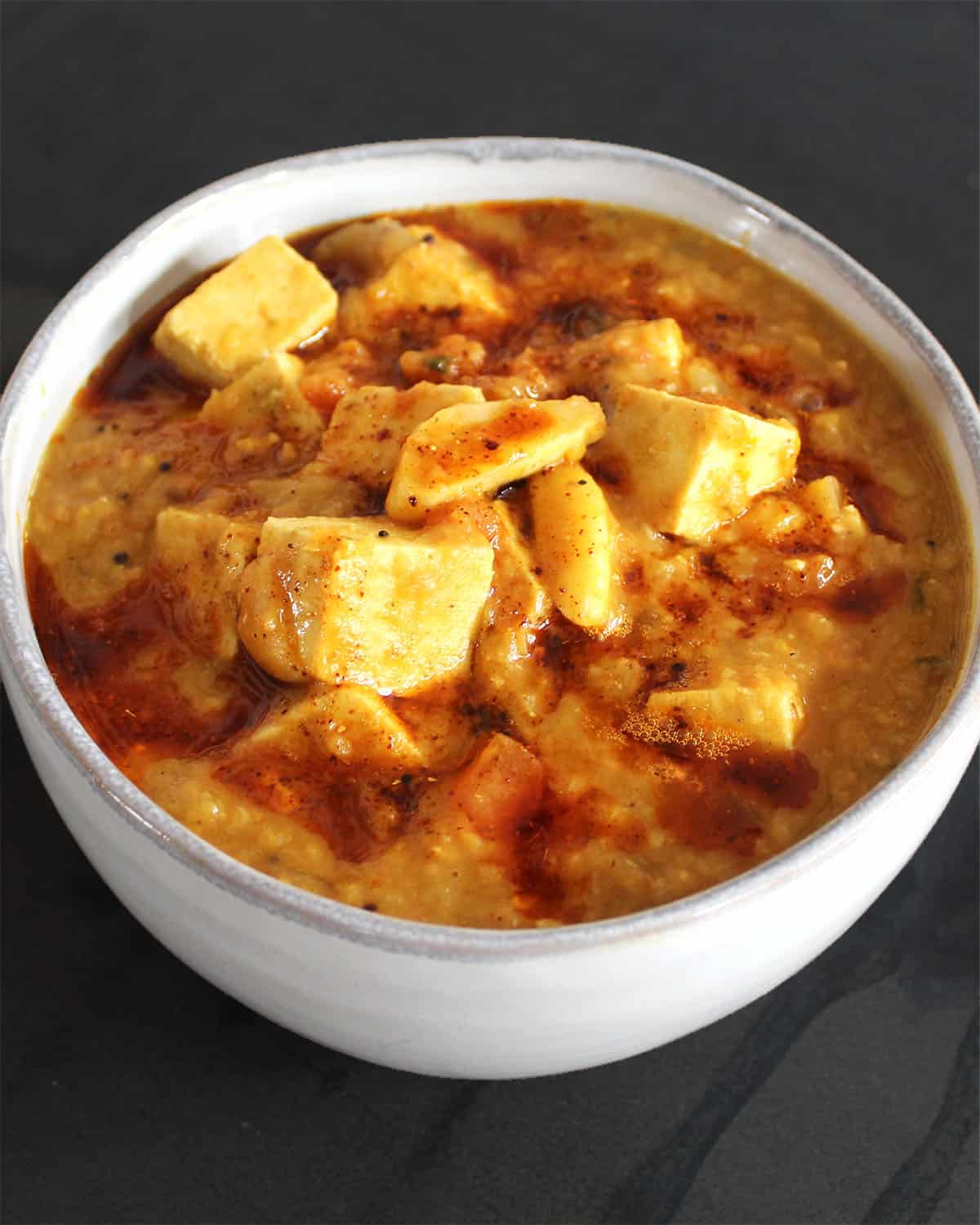 Tofu dal tadka in bowl.