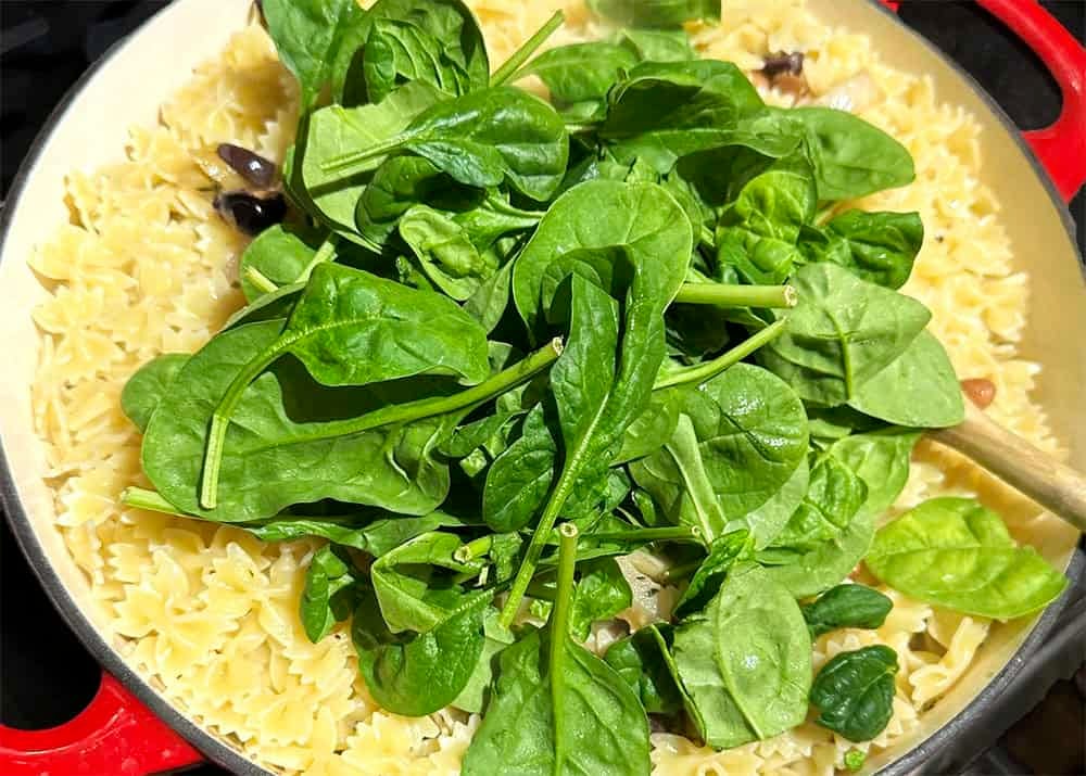 Pasta and spinach added to skillet with fennel and pinto beans.