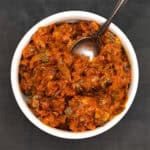Top down view of mango thokku in bowl.