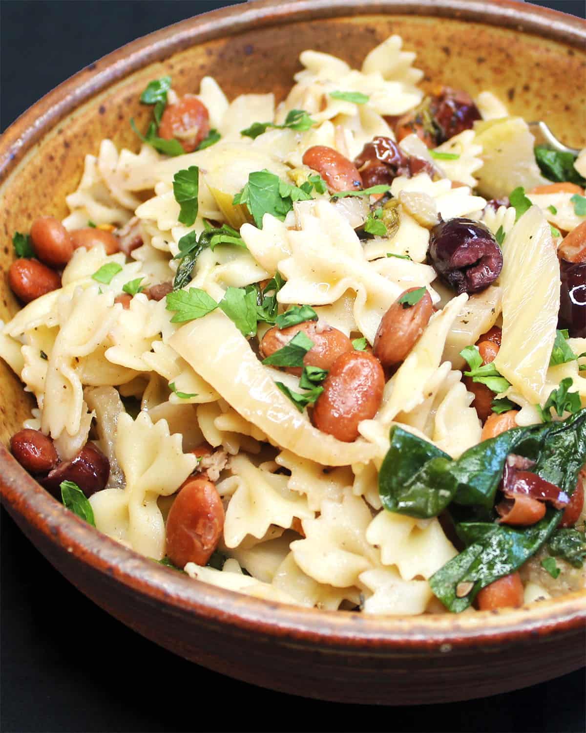 Front partial view of a bowl of pasta with pinto beans and fennel.