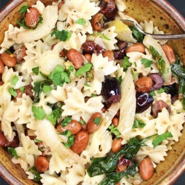 Top down view of a bowl of pasta with fennel and beans.