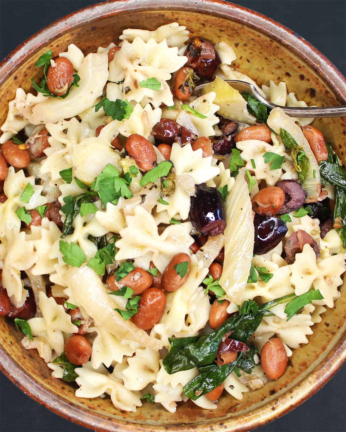 Top down view of a bowl of pasta with fennel and beans.