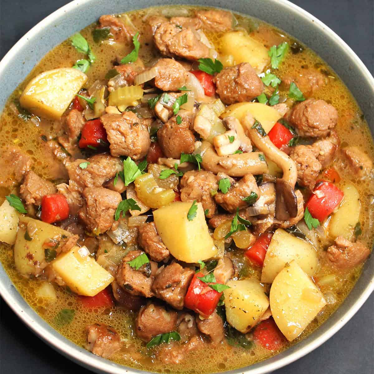 Homemade vegan Irish lamb stew in bowl.