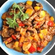 Top down view of a bowl of the Greek vegetable stew, soufiko.