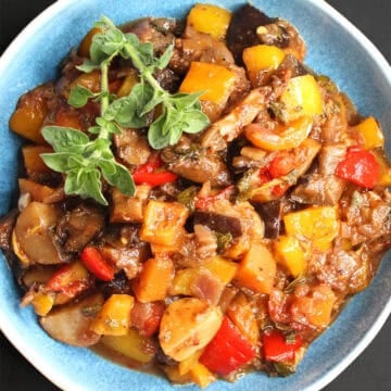 Top down view of a bowl of the Greek vegetable stew, soufiko.