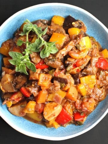 Top down view of a bowl of the Greek vegetable stew, soufiko.