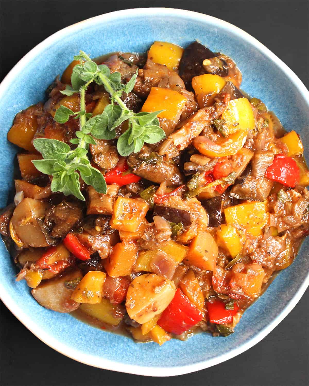 Top down view of a bowl of the Greek vegetable stew, soufiko.
