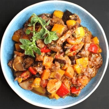 Top down view of soufiko, Greek longevity stew.