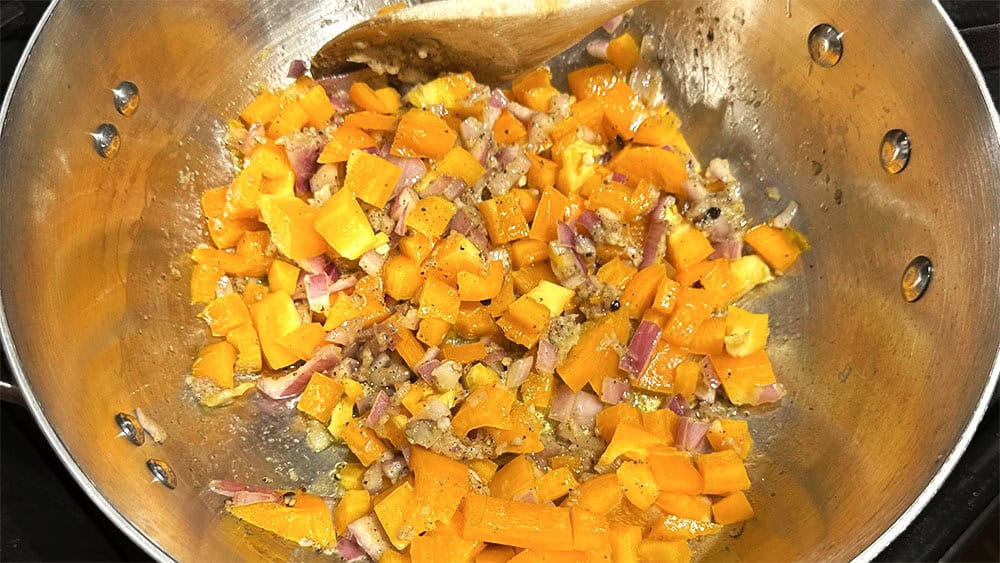 Bell peppers in pan.