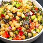 Quinoa chickpea salad in bowl.