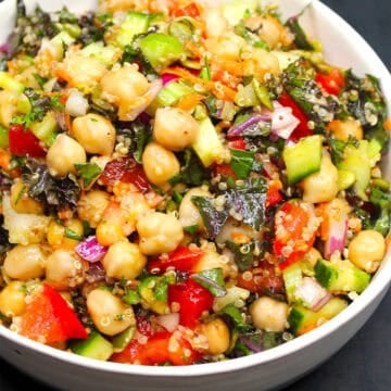 Quinoa chickpea salad in bowl.