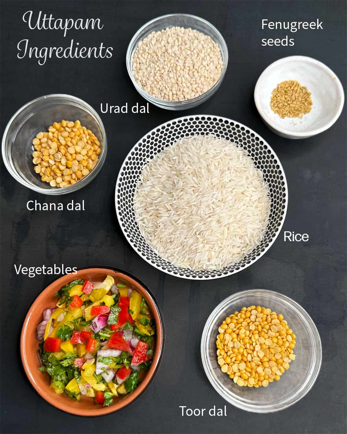 Photos of uttapam ingredients with labels.