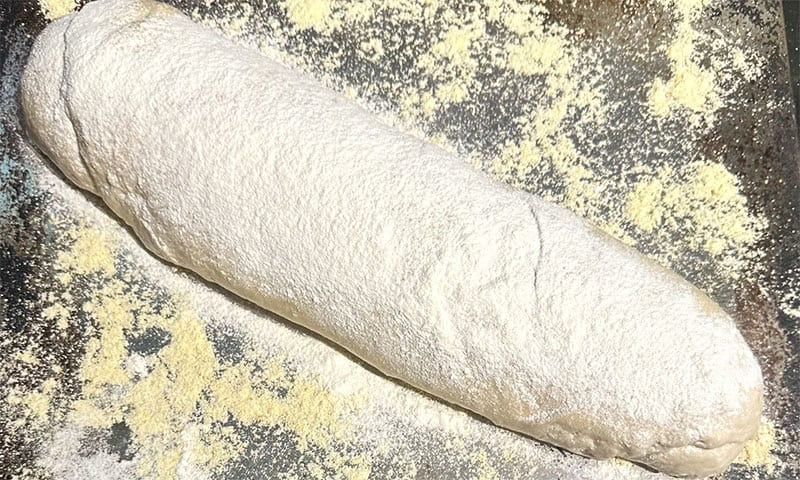 Shaped sourdough hybrid bread on baking sheet dusted with cornmeal.