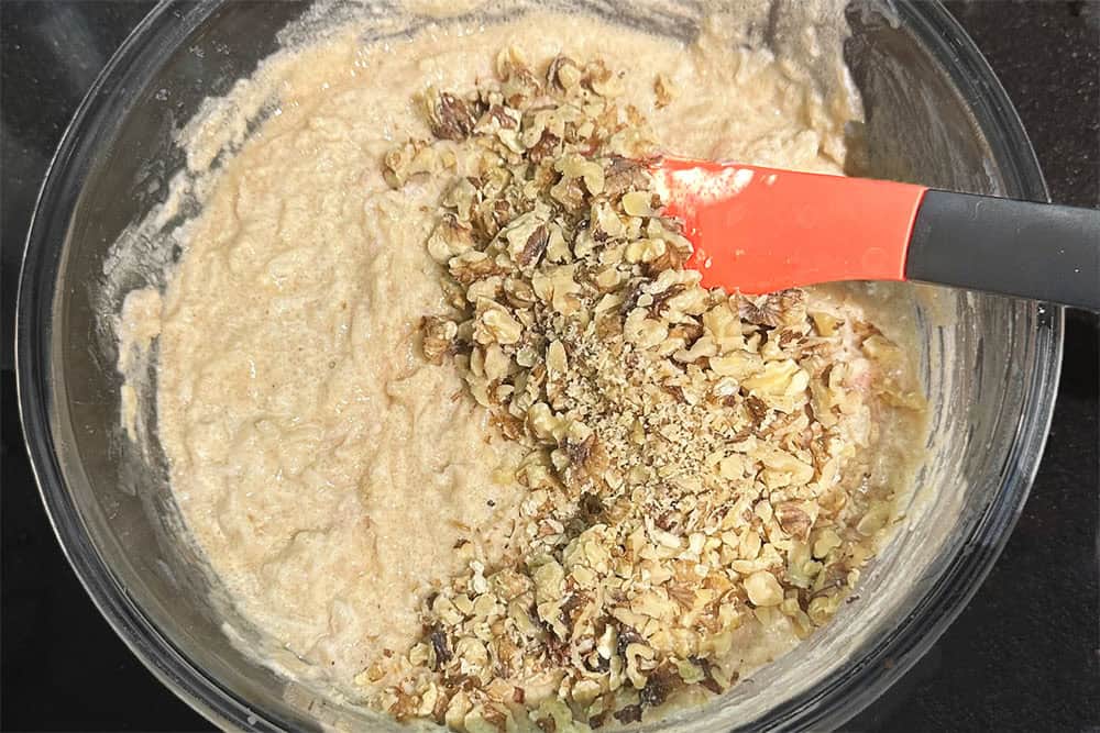 Walnuts added to batter for watermelon rind bread.