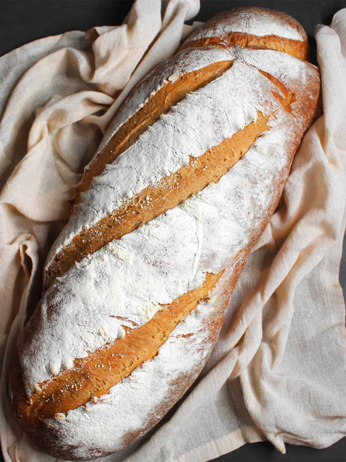 Perfect loaf of hybrid sourdough bread in flour sack cloth.