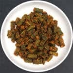 Crispy air fryer okra in white bowl.