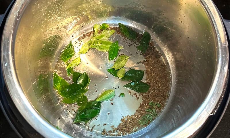 Mustard seeds, cumin seeds and curry leaves in Instant Pot liner.